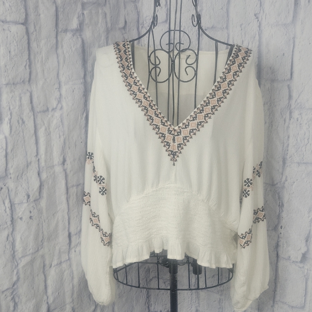 Lucky Brand Boho‎ Peasant Blouse Ivory Embroidered Smocked Top XXL